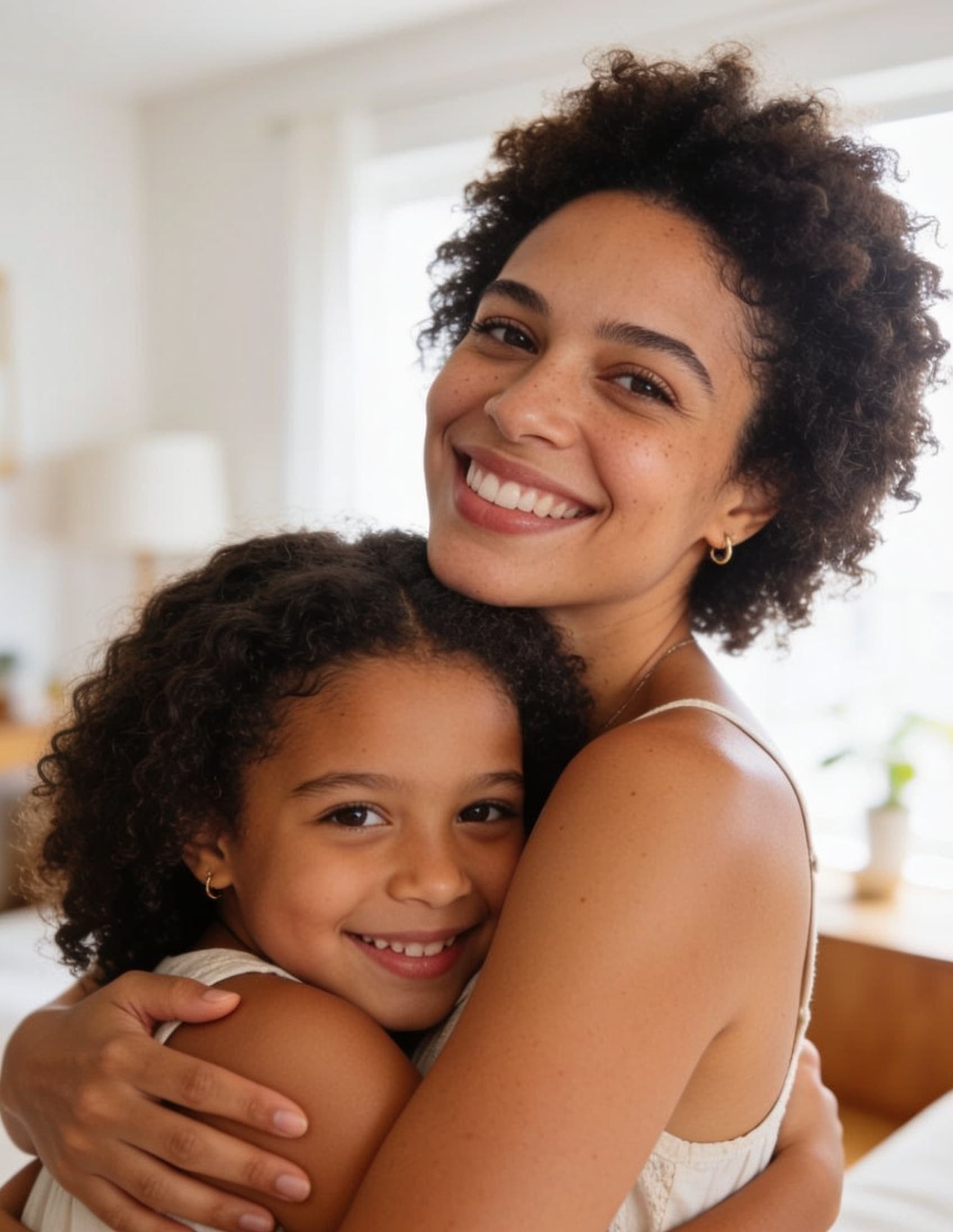 Mãe e filha sorrindo juntas, representando cuidado e saúde em família