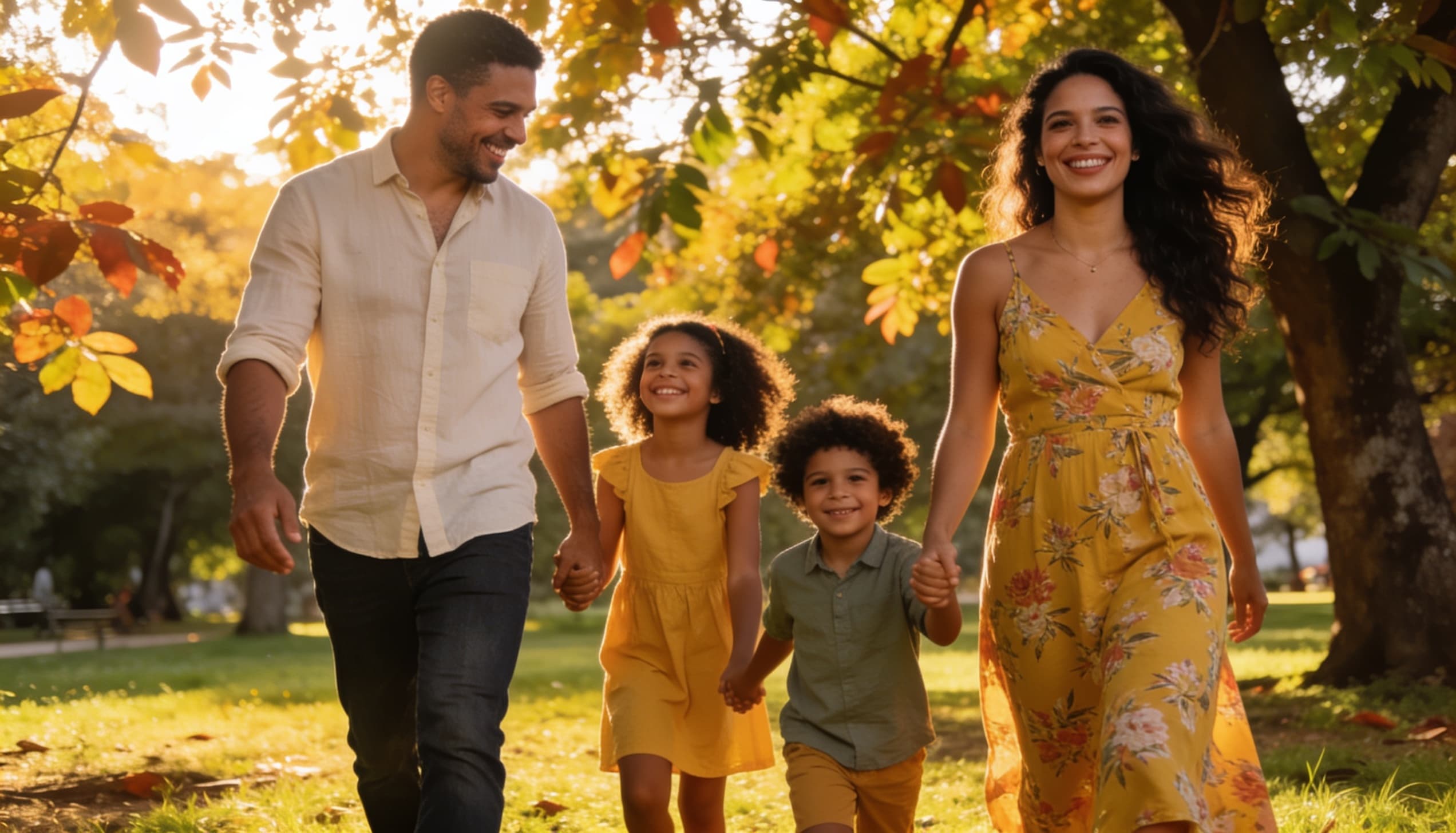 Família feliz no parque ao ar livre, representando proteção e tranquilidade